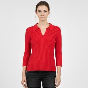 Premise Studio Women Ribbed Knit Polo Shirt Short Sleeve